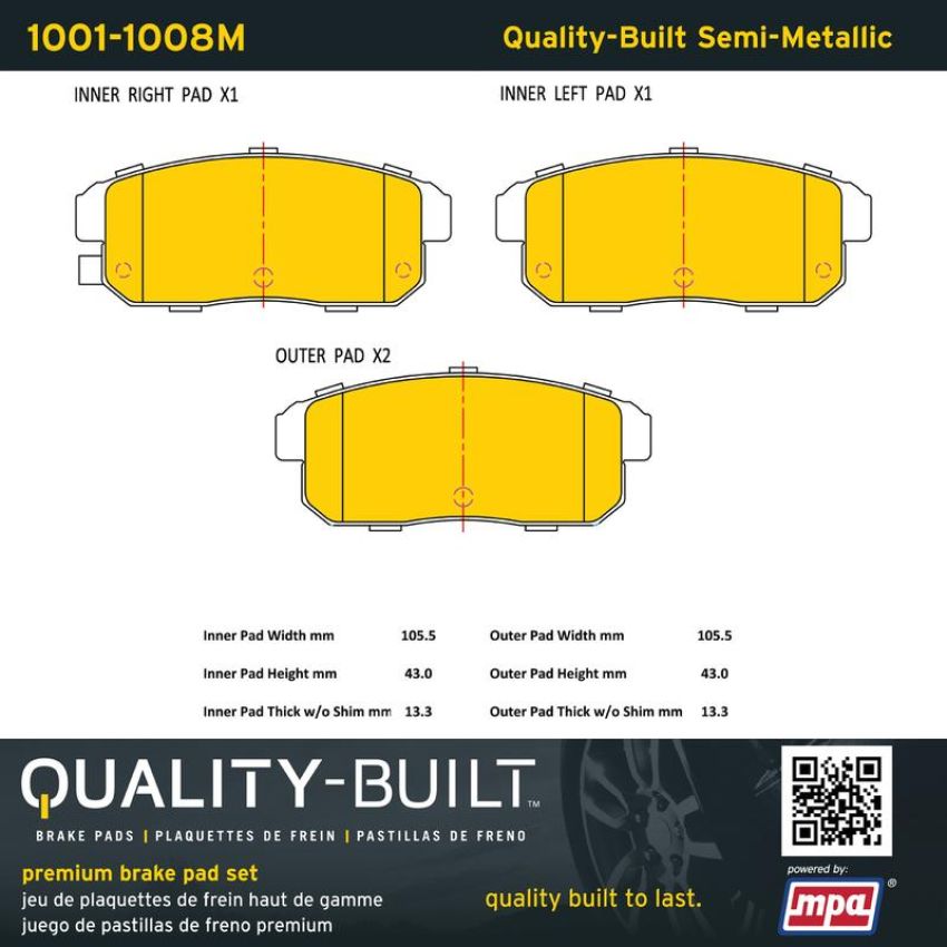 MPA 1001-1008M Quality-Built Premium Semi-Metallic Brake Pads w/ Hardware
