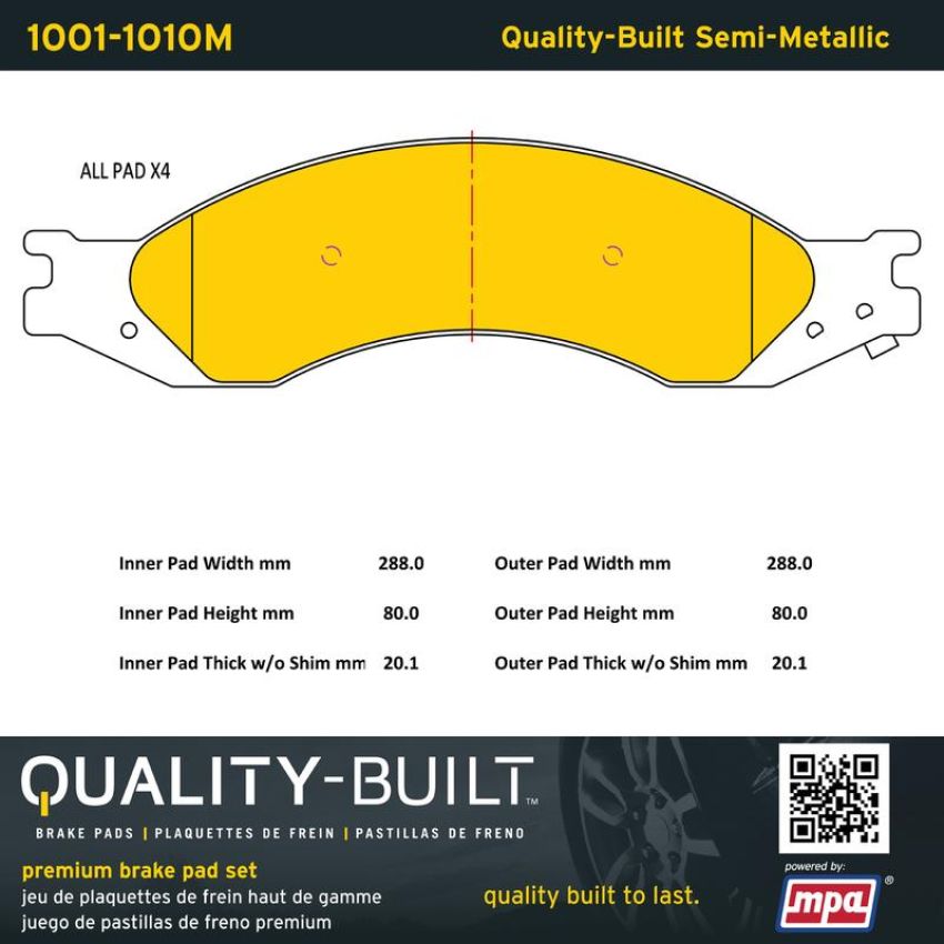 MPA 1001-1010M Quality-Built Premium Semi-Metallic Brake Pads w/ Hardware