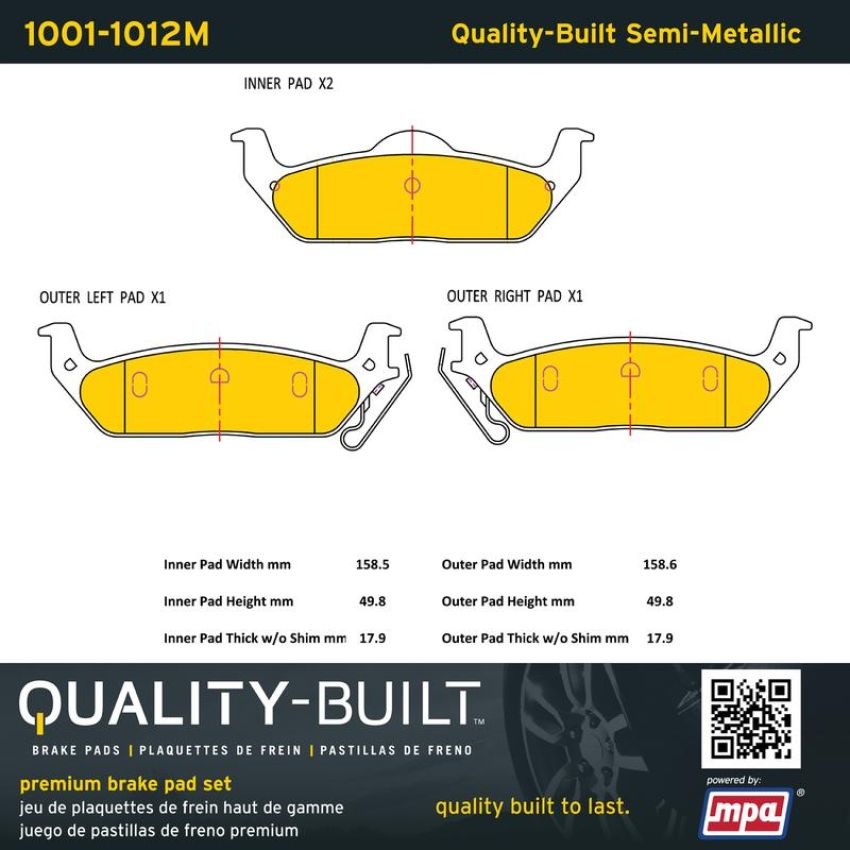 MPA 1001-1012M Quality-Built Premium Semi-Metallic Brake Pads w/ Hardware