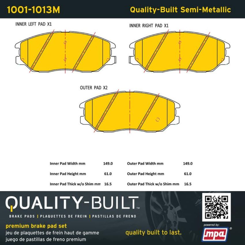 MPA 1001-1013M Quality-Built Premium Semi-Metallic Brake Pads w/ Hardware