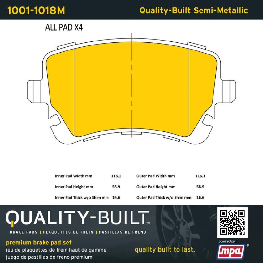 MPA 1001-1018M Quality-Built Premium Semi-Metallic Brake Pads w/ Hardware