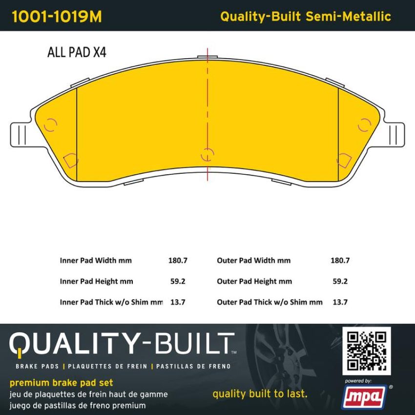 MPA 1001-1019M Quality-Built Premium Semi-Metallic Brake Pads w/ Hardware