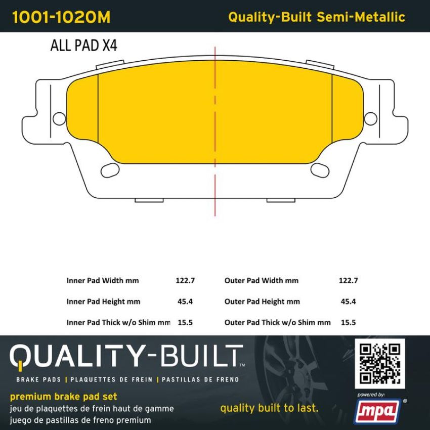 MPA 1001-1020M Quality-Built Premium Semi-Metallic Brake Pads w/ Hardware