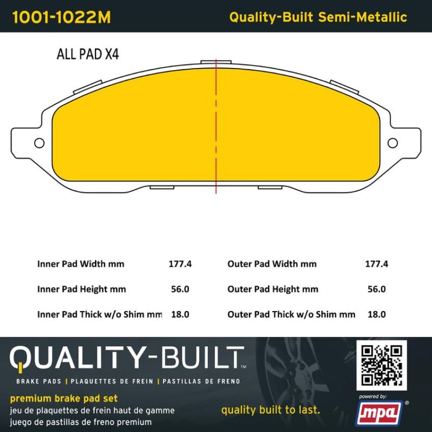 MPA 1001-1022M Quality-Built Premium Semi-Metallic Brake Pads w/ Hardware