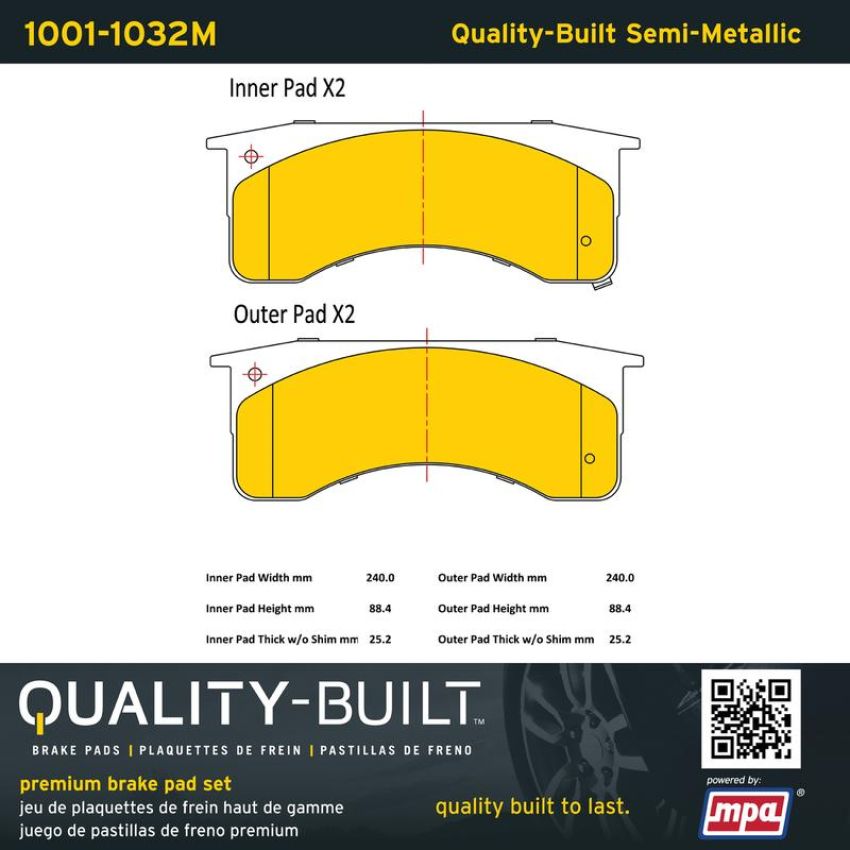 MPA 1001-1032M Quality-Built Premium Semi-Metallic Brake Pads w/ Hardware