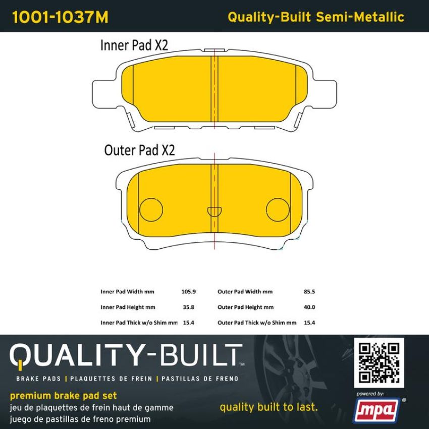 MPA 1001-1037M Quality-Built Premium Semi-Metallic Brake Pads w/ Hardware