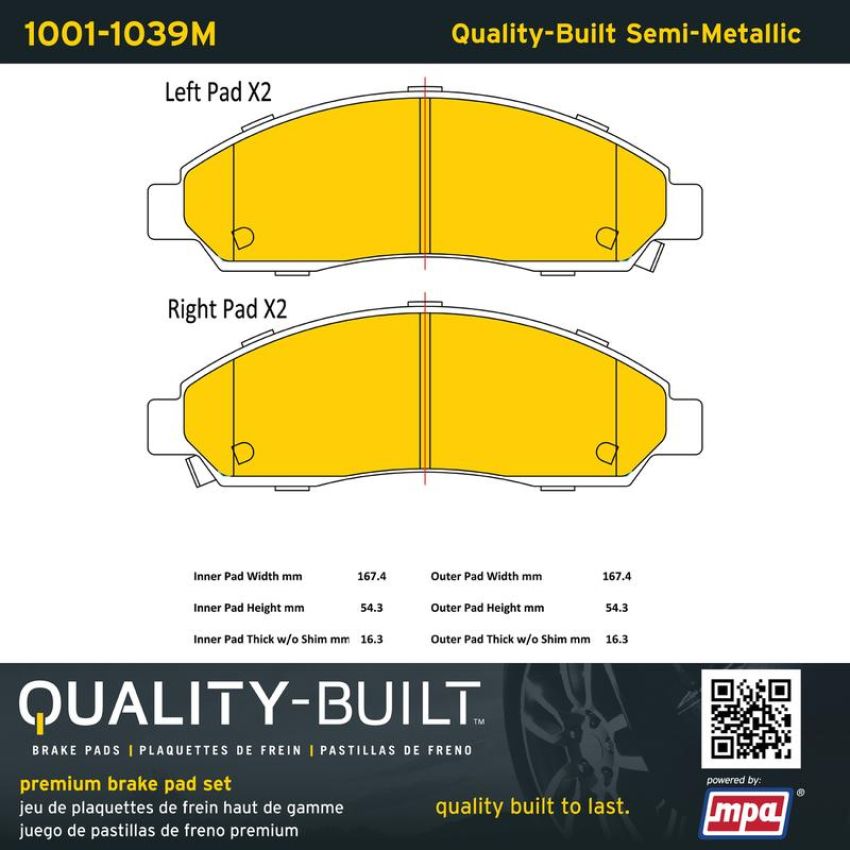 MPA 1001-1039M Quality-Built Premium Semi-Metallic Brake Pads w/ Hardware