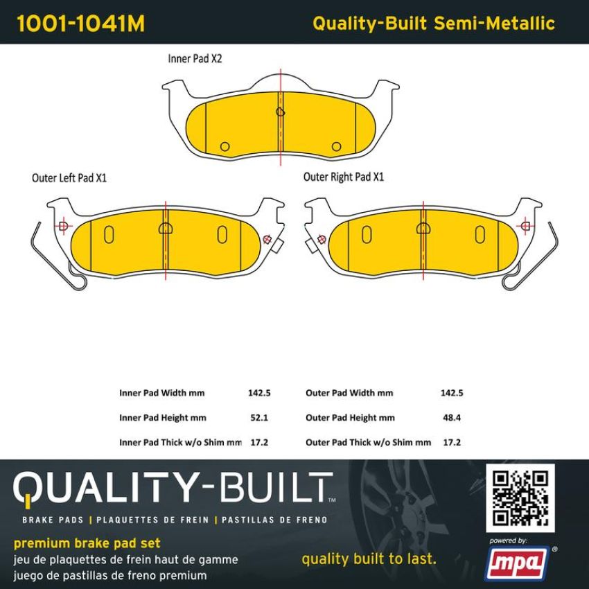 MPA 1001-1041M Quality-Built Premium Semi-Metallic Brake Pads w/ Hardware