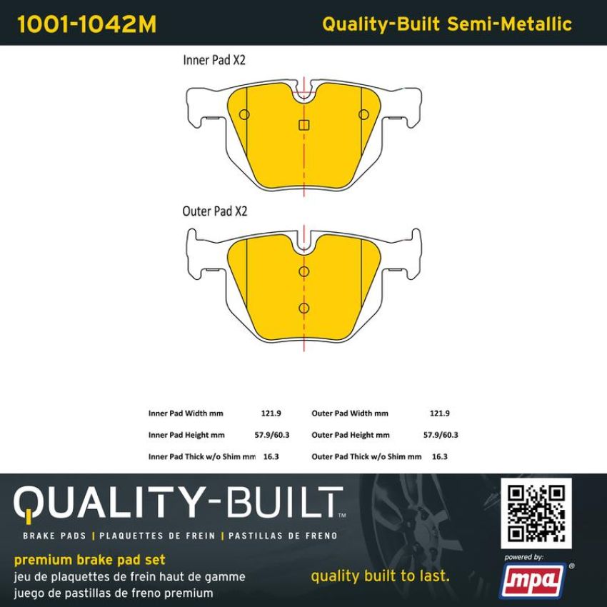 MPA 1001-1042M Quality-Built Premium Semi-Metallic Brake Pads w/ Hardware