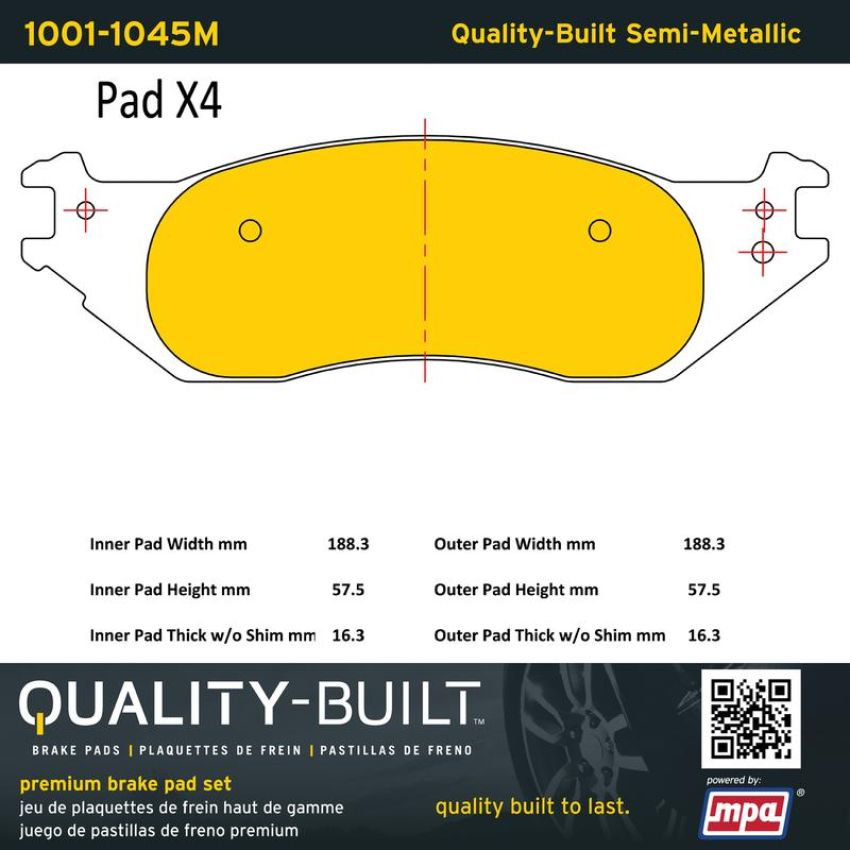 MPA 1001-1045M Quality-Built Premium Semi-Metallic Brake Pads w/ Hardware