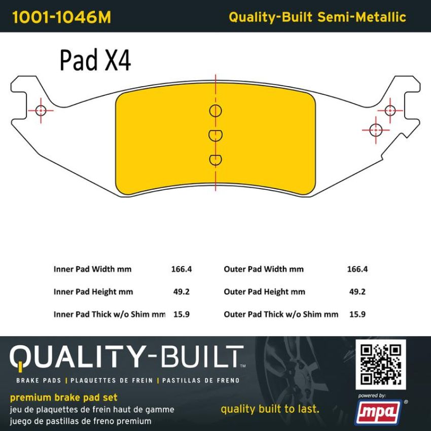 MPA 1001-1046M Quality-Built Premium Semi-Metallic Brake Pads w/ Hardware