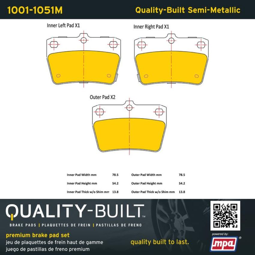 MPA 1001-1051M Quality-Built Premium Semi-Metallic Brake Pads w/ Hardware