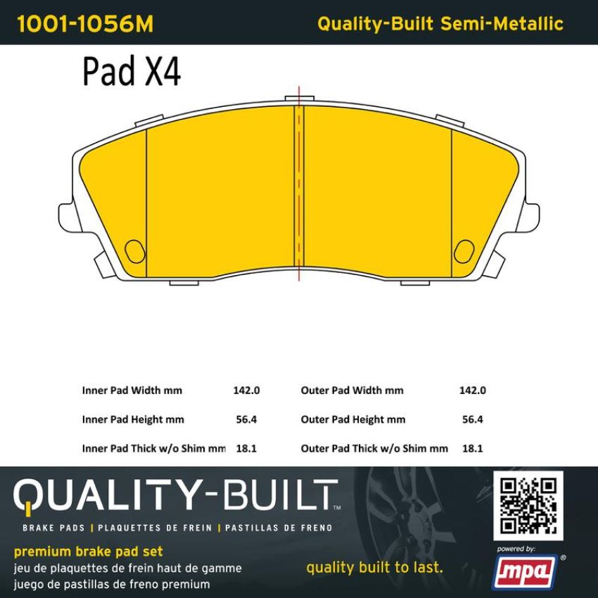 MPA 1001-1056M Quality-Built Premium Semi-Metallic Brake Pads w/ Hardware