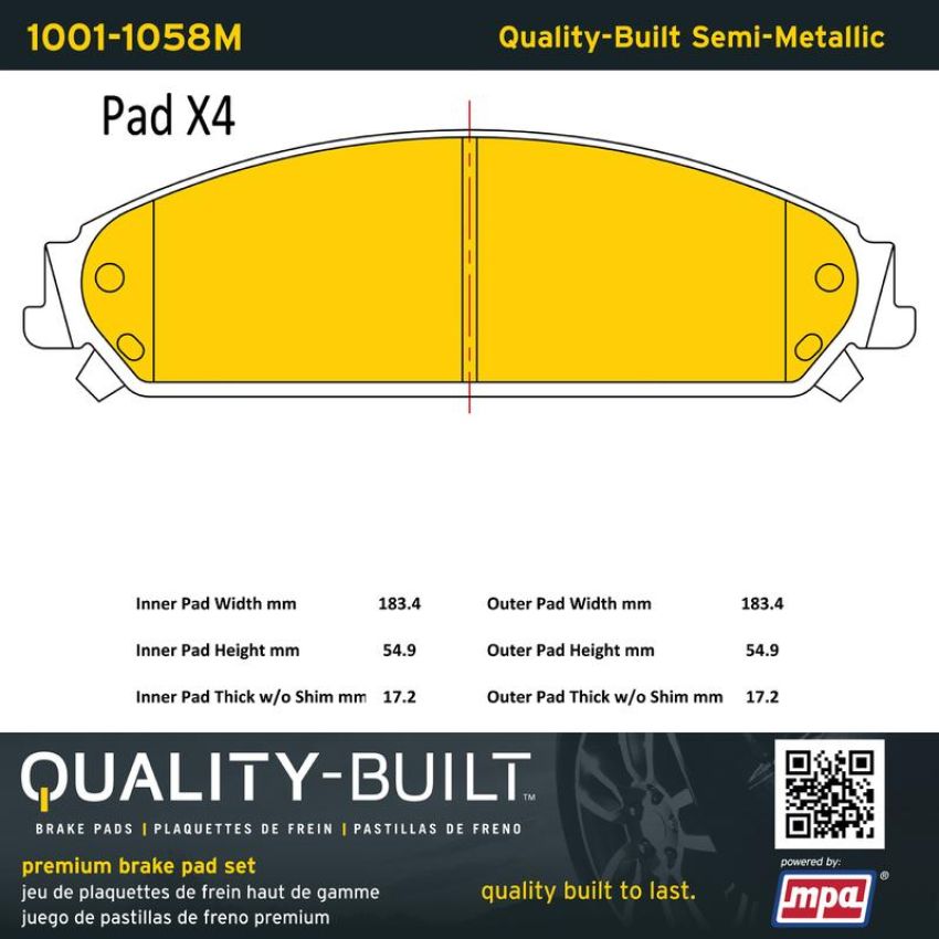 MPA 1001-1058M Quality-Built Premium Semi-Metallic Brake Pads w/ Hardware