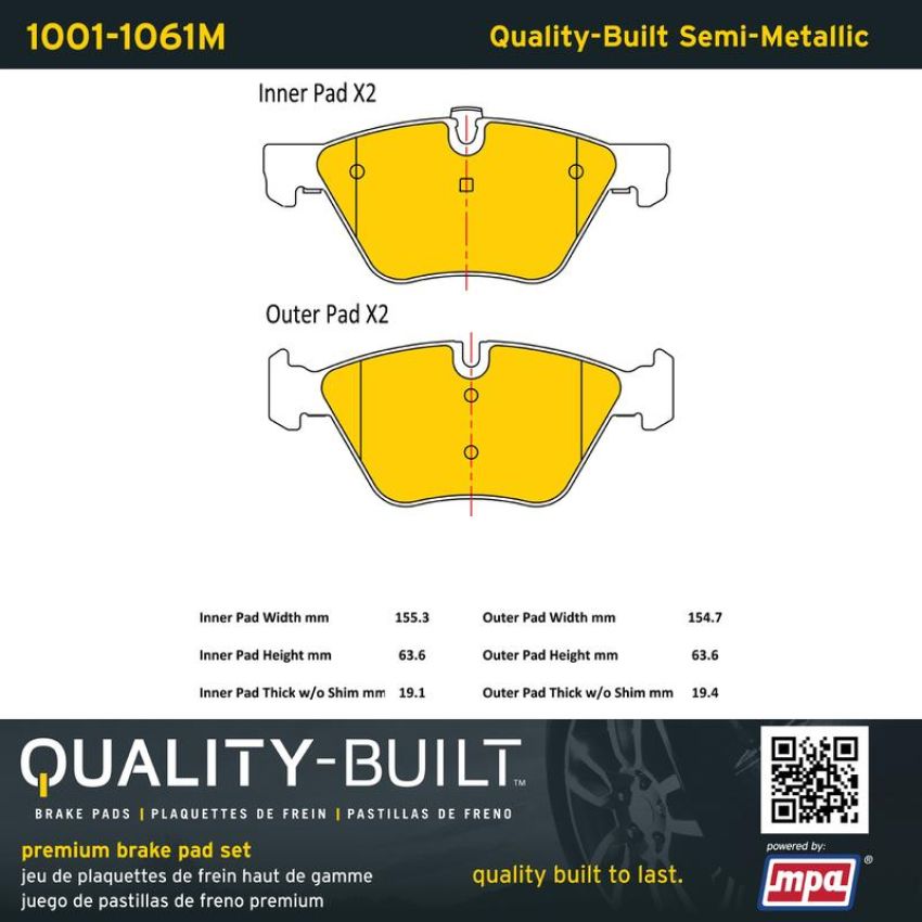 MPA 1001-1061M Quality-Built Premium Semi-Metallic Brake Pads w/ Hardware