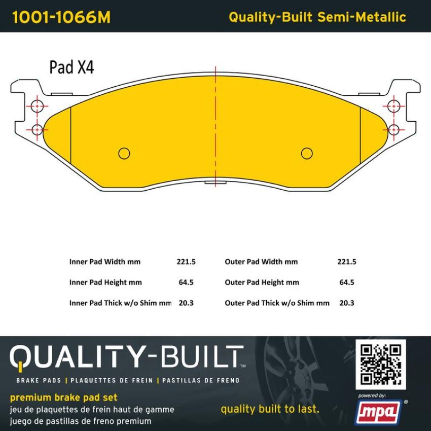 MPA 1001-1066M Quality-Built Premium Semi-Metallic Brake Pads w/ Hardware