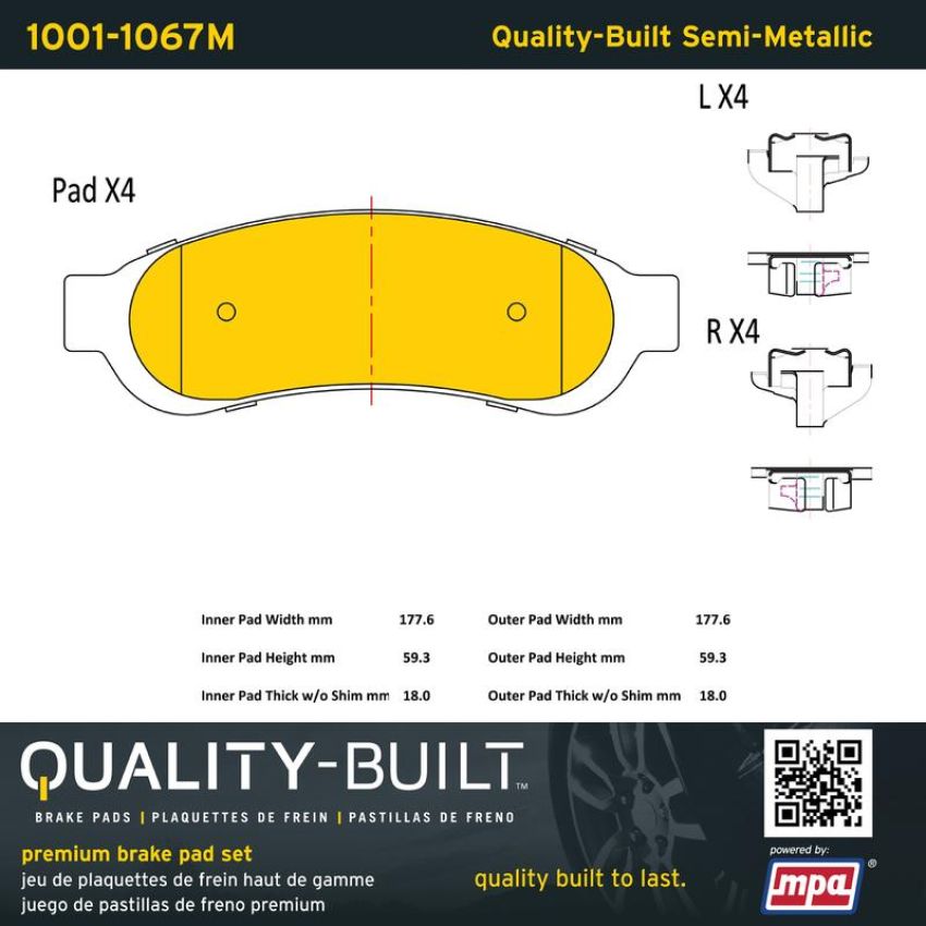 MPA 1001-1067M Quality-Built Premium Semi-Metallic Brake Pads w/ Hardware
