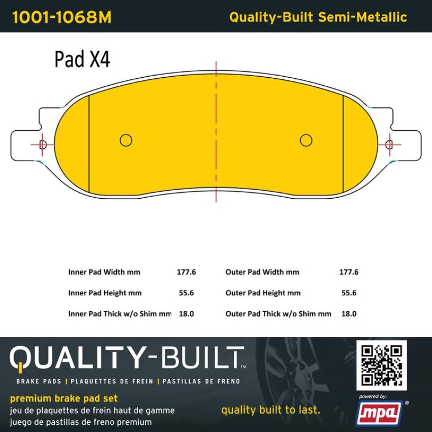 MPA 1001-1068M Quality-Built Premium Semi-Metallic Brake Pads w/ Hardware