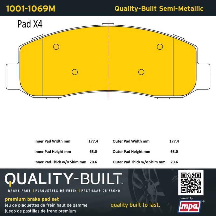 MPA 1001-1069M Quality-Built Premium Semi-Metallic Brake Pads w/ Hardware