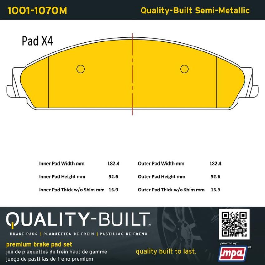 MPA 1001-1070M Quality-Built Premium Semi-Metallic Brake Pads w/ Hardware