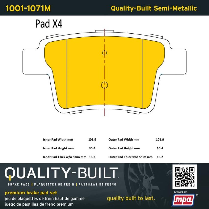 MPA 1001-1071M Quality-Built Premium Semi-Metallic Brake Pads w/ Hardware