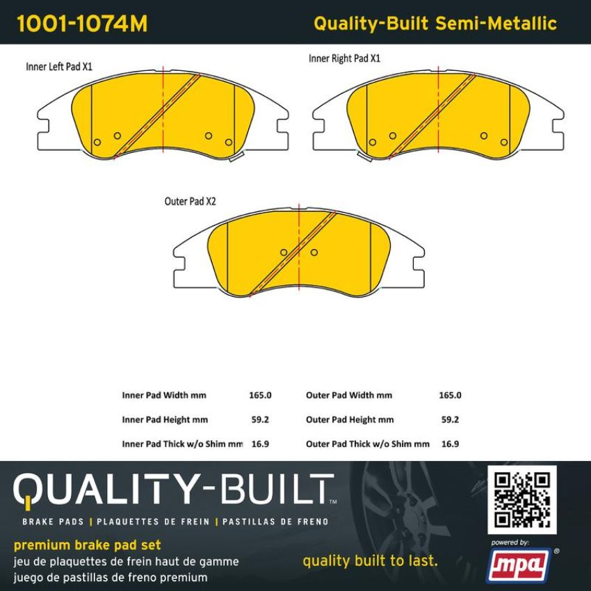 MPA 1001-1074M Quality-Built Premium Semi-Metallic Brake Pads w/ Hardware