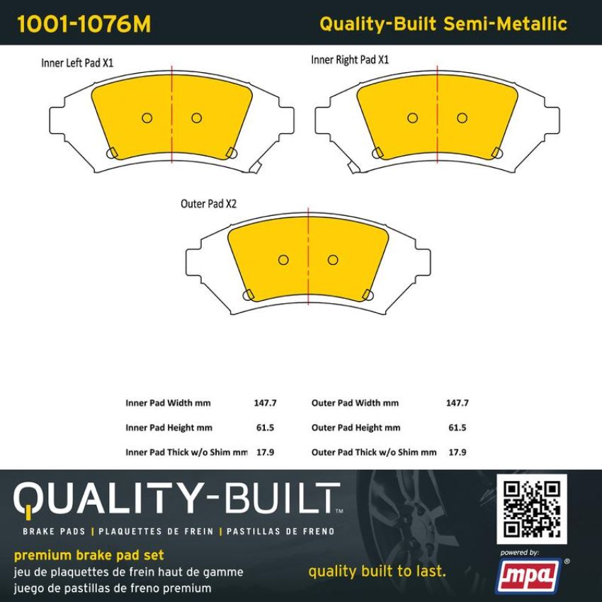 MPA 1001-1076M Quality-Built Premium Semi-Metallic Brake Pads w/ Hardware