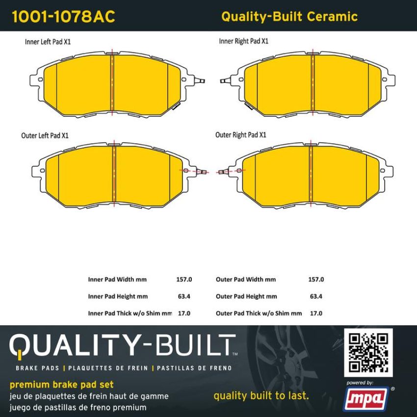 MPA 1001-1078AC Quality-Built Premium Ceramic Brake Pads w/ Hardware