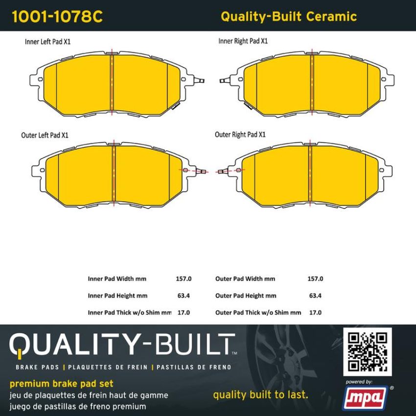 MPA 1001-1078C Quality-Built Premium Ceramic Brake Pads w/ Hardware