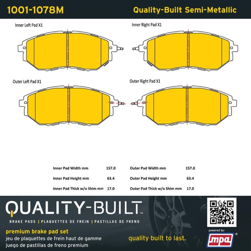 MPA 1001-1078M Quality-Built Premium Semi-Metallic Brake Pads w/ Hardware