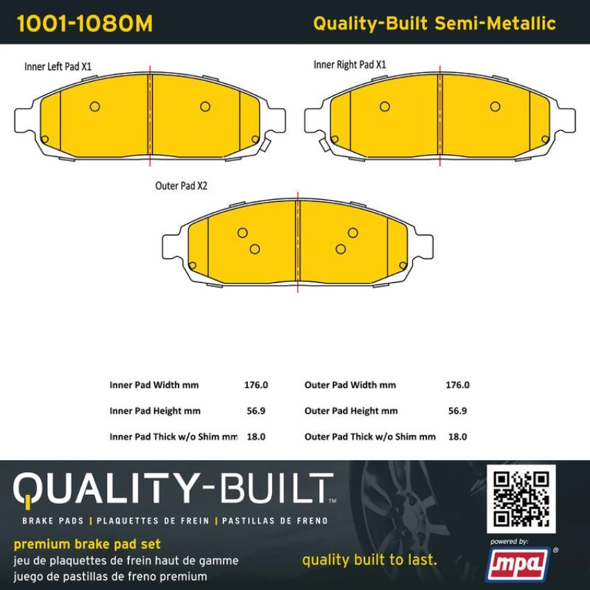 MPA 1001-1080M Quality-Built Premium Semi-Metallic Brake Pads w/ Hardware