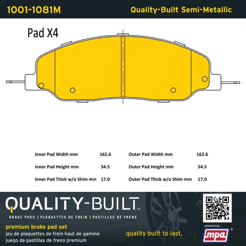 MPA 1001-1081M Quality-Built Premium Semi-Metallic Brake Pads w/ Hardware