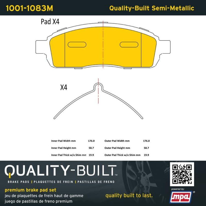 MPA 1001-1083M Quality-Built Premium Semi-Metallic Brake Pads w/ Hardware