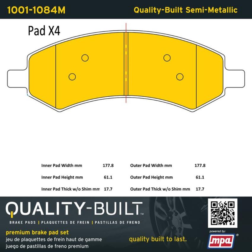 MPA 1001-1084M Quality-Built Premium Semi-Metallic Brake Pads w/ Hardware