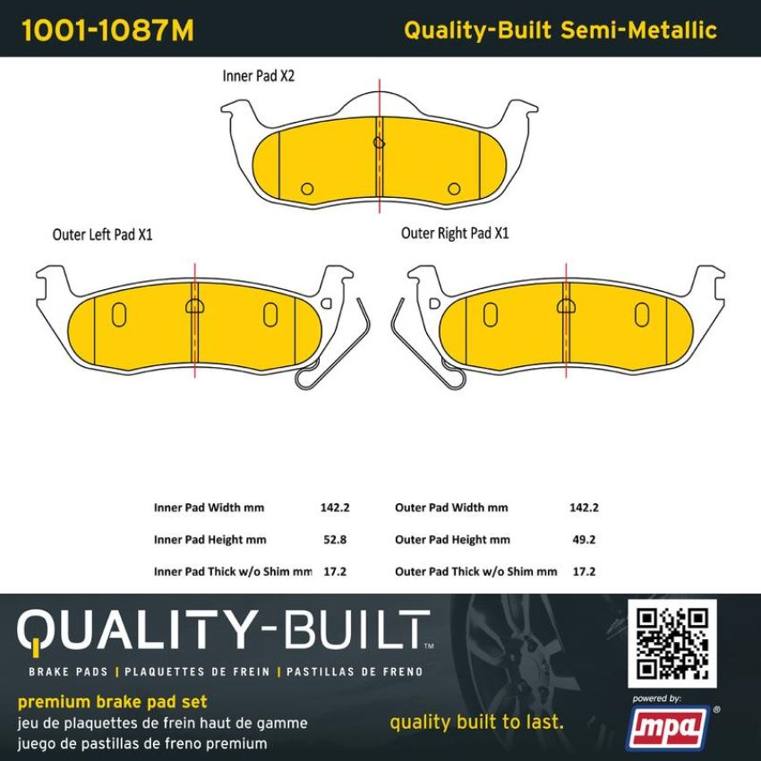 MPA 1001-1087M Quality-Built Premium Semi-Metallic Brake Pads w/ Hardware