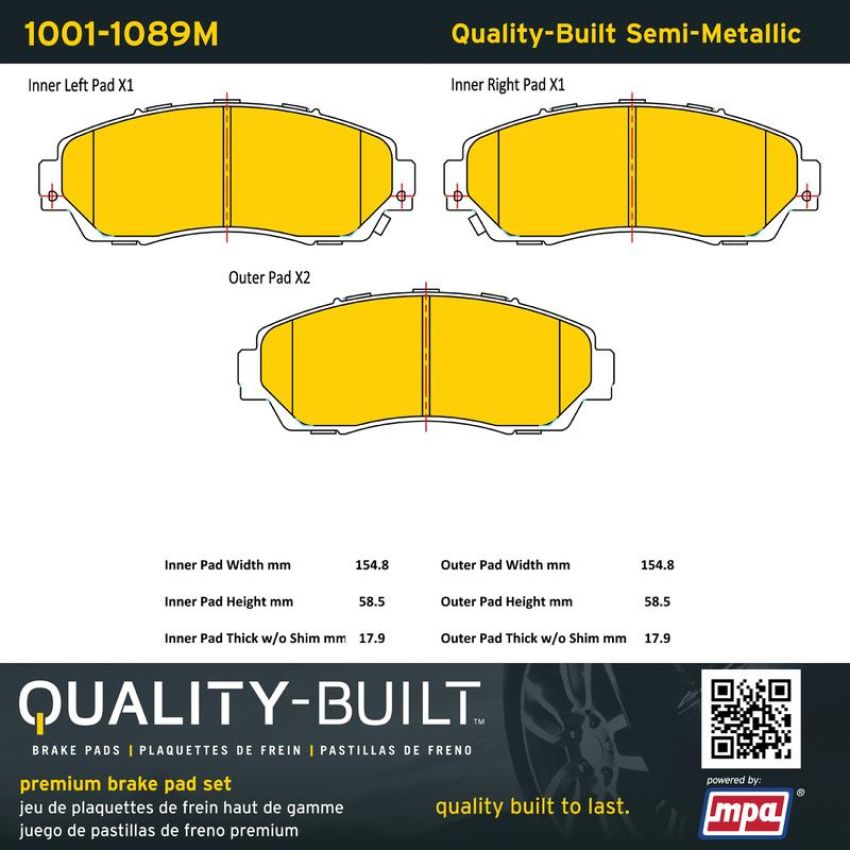MPA 1001-1089M Quality-Built Premium Semi-Metallic Brake Pads w/ Hardware