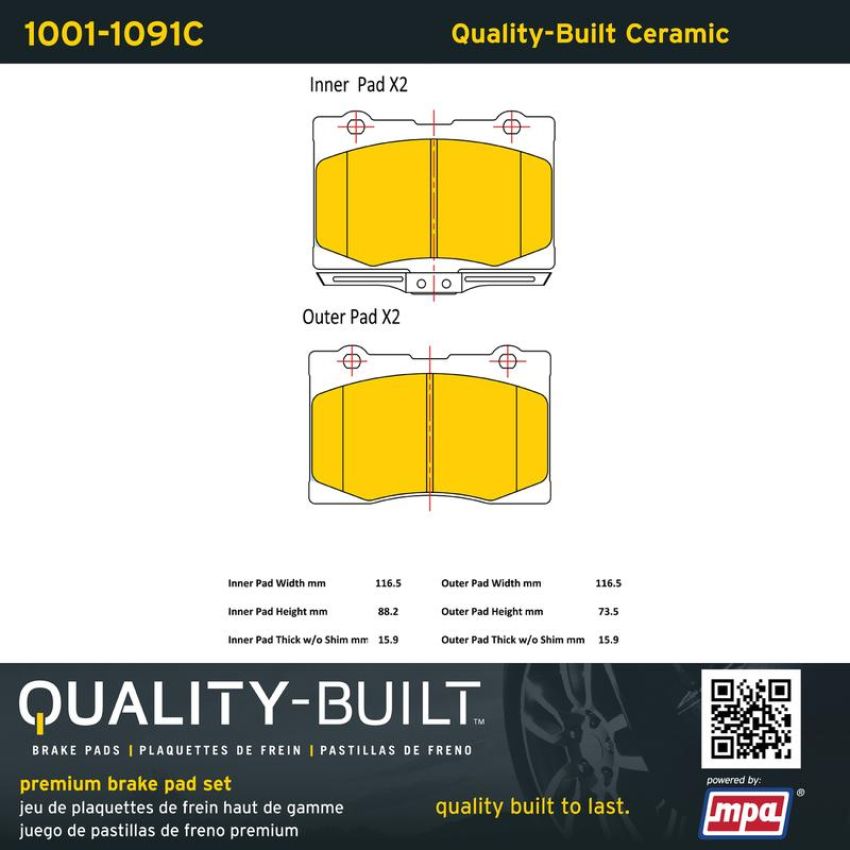 MPA 1001-1091C Quality-Built Premium Ceramic Brake Pads w/ Hardware