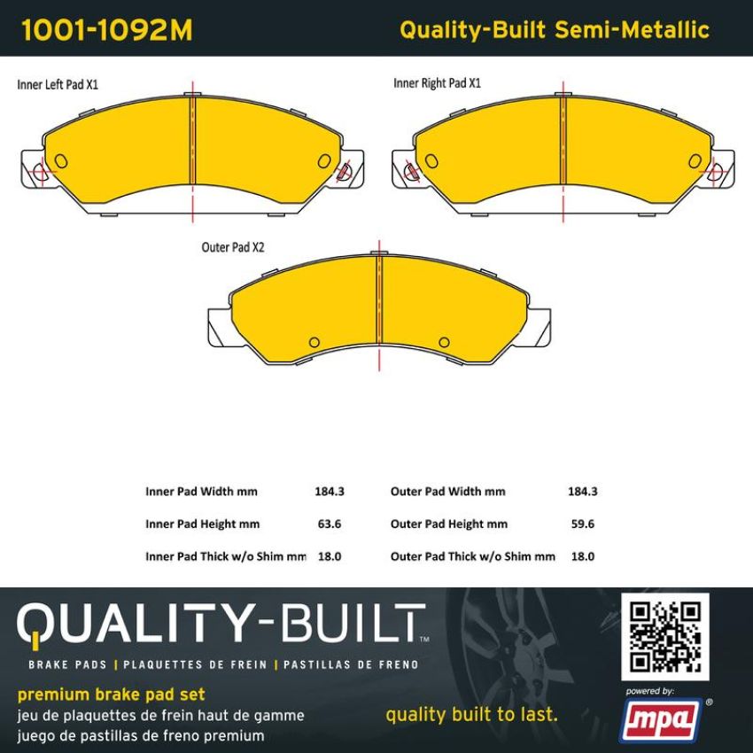 MPA 1001-1092M Quality-Built Premium Semi-Metallic Brake Pads w/ Hardware