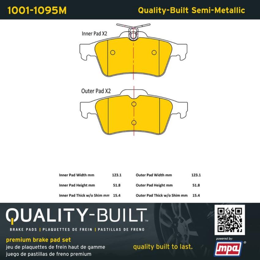 MPA 1001-1095M Quality-Built Premium Semi-Metallic Brake Pads w/ Hardware