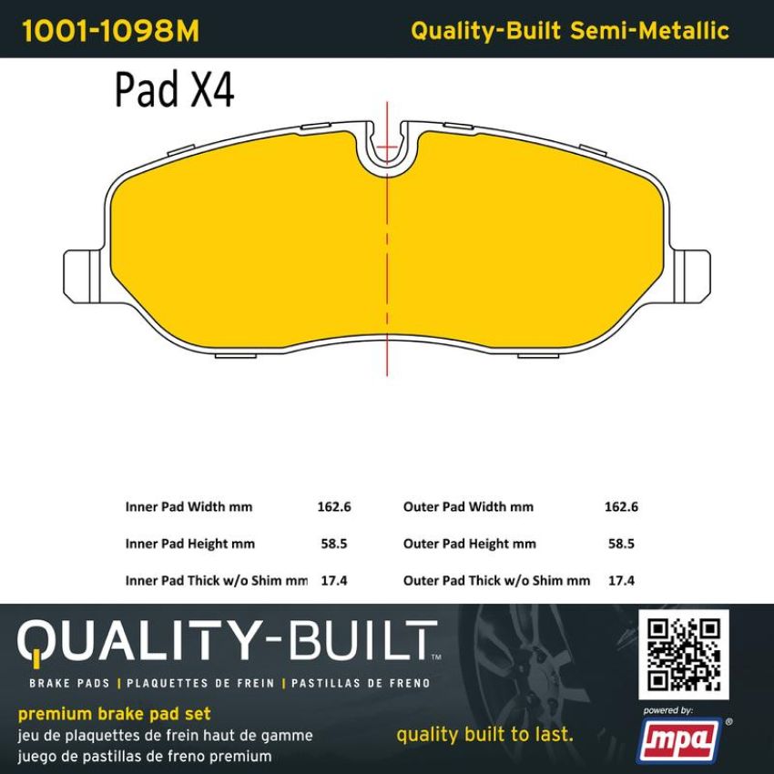 MPA 1001-1098M Quality-Built Premium Semi-Metallic Brake Pads w/ Hardware