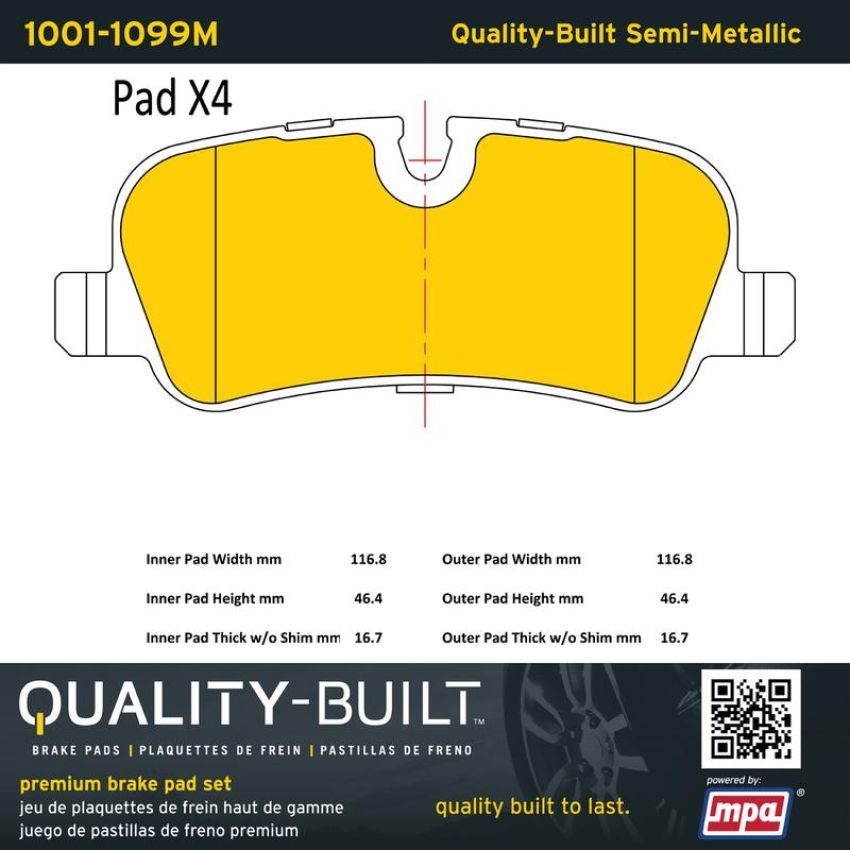 MPA 1001-1099M Quality-Built Premium Semi-Metallic Brake Pads w/ Hardware