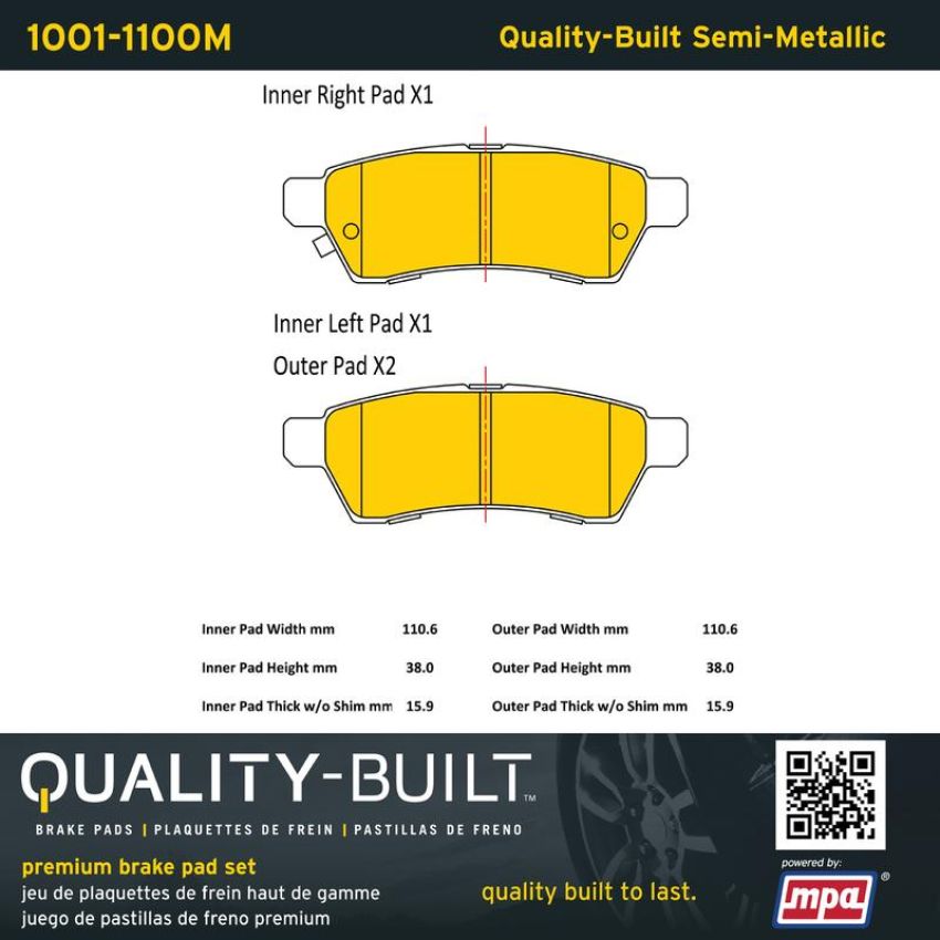 MPA 1001-1100M Quality-Built Premium Semi-Metallic Brake Pads w/ Hardware
