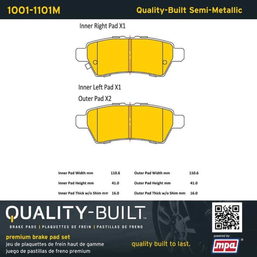 MPA 1001-1101M Quality-Built Premium Semi-Metallic Brake Pads w/ Hardware