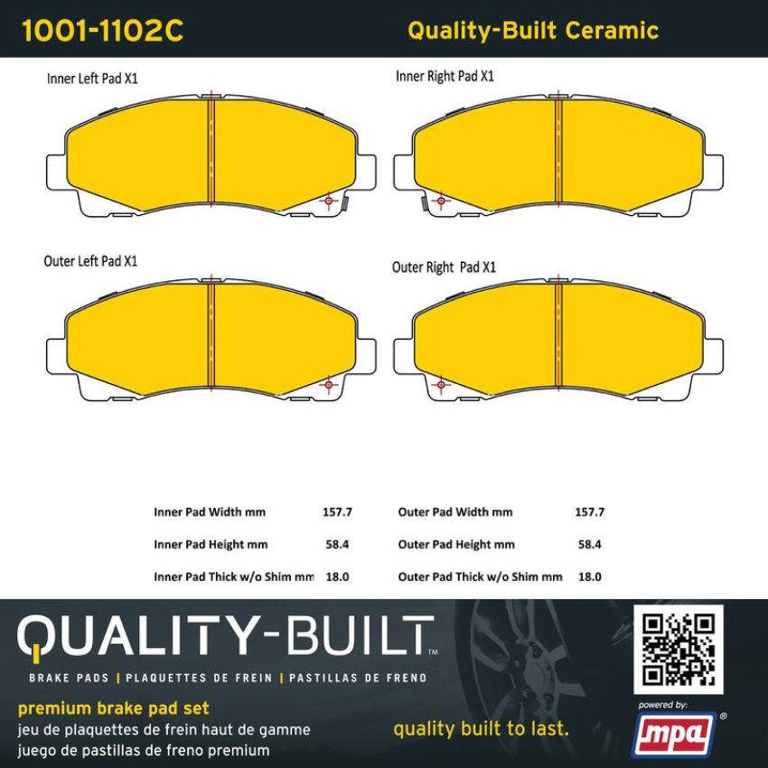 MPA 1001-1102C Quality-Built Premium Ceramic Brake Pads w/ Hardware