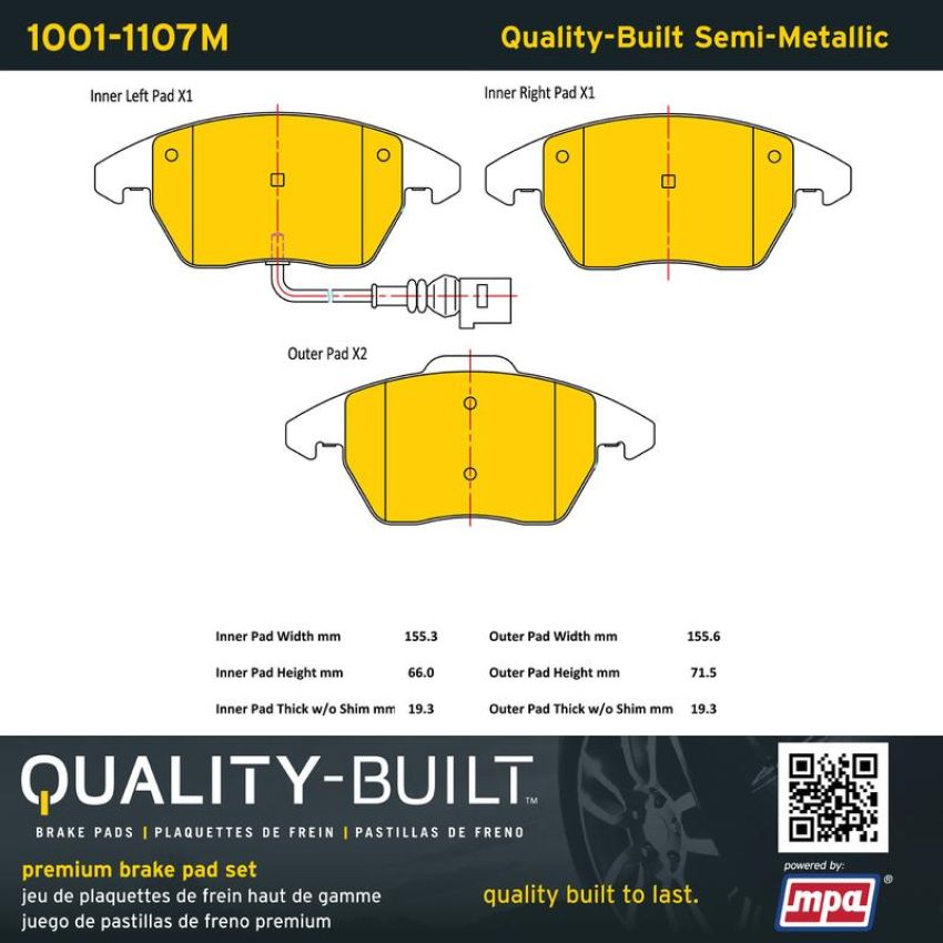 MPA 1001-1107M Quality-Built Premium Semi-Metallic Brake Pads w/ Hardware