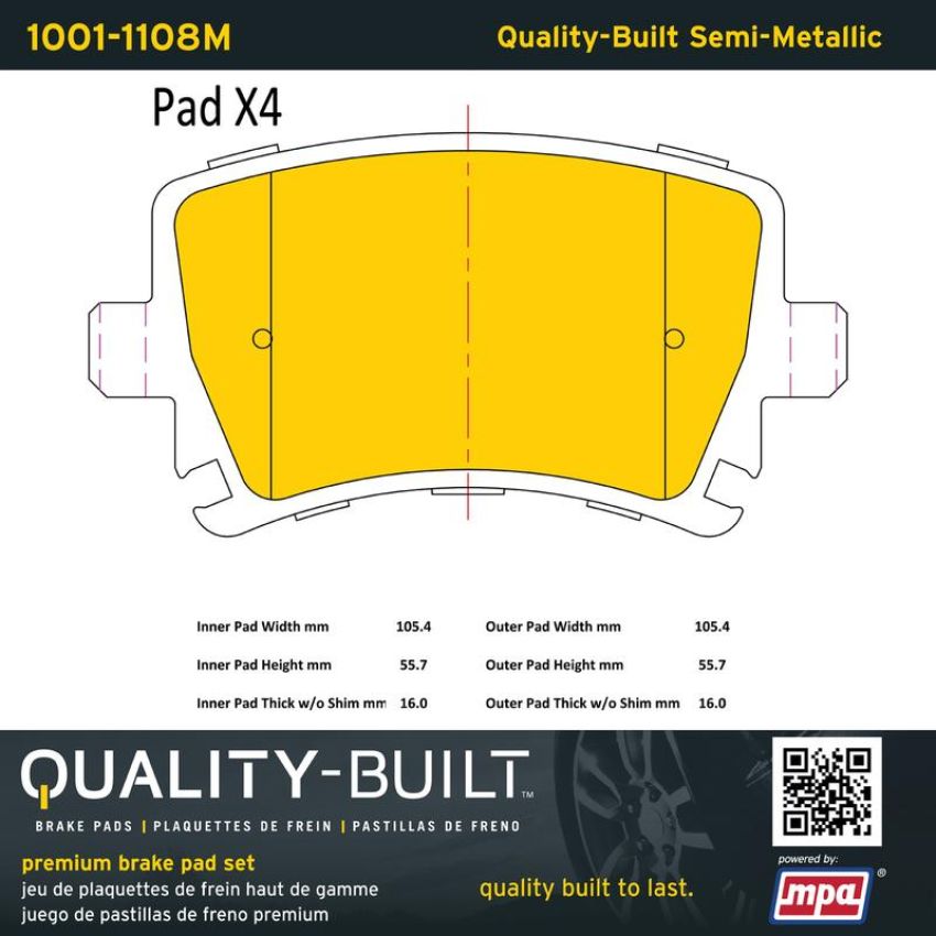 MPA 1001-1108M Quality-Built Premium Semi-Metallic Brake Pads w/ Hardware