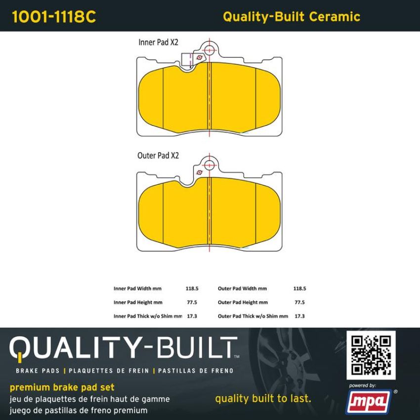 MPA 1001-1118C Quality-Built Premium Ceramic Brake Pads w/ Hardware