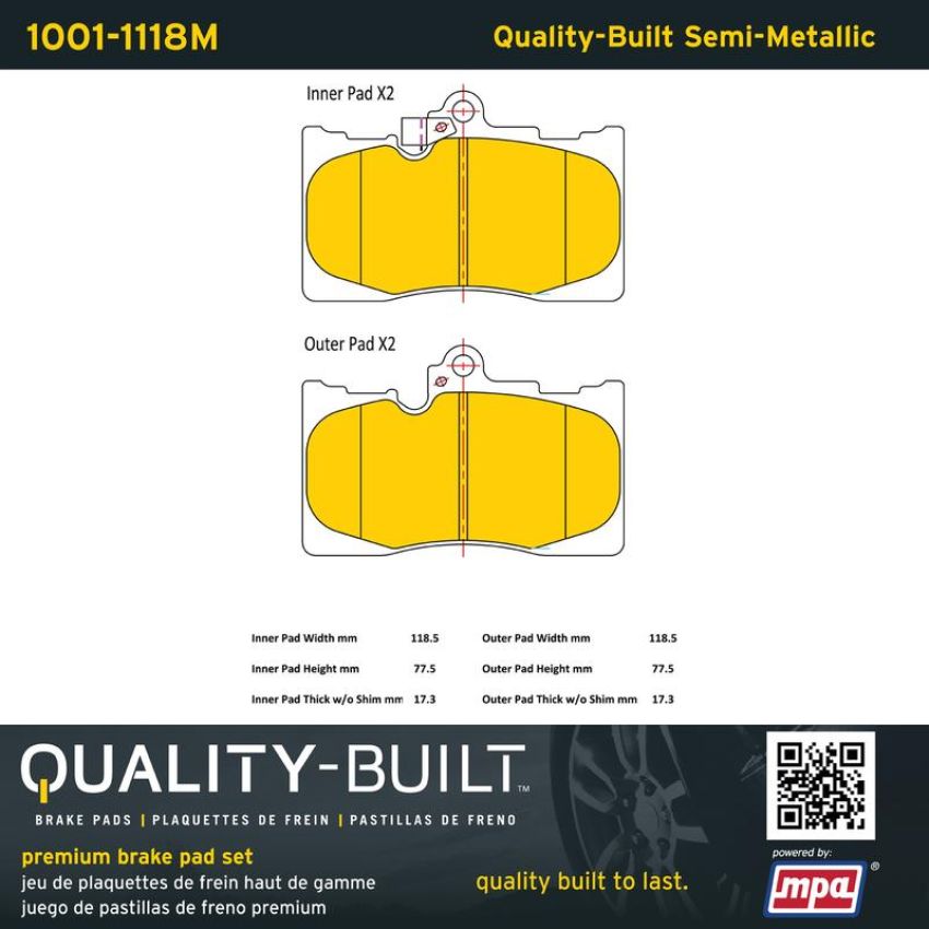 MPA 1001-1118M Quality-Built Premium Semi-Metallic Brake Pads w/ Hardware