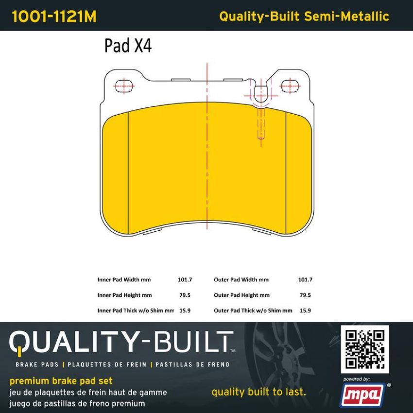 MPA 1001-1121M Quality-Built Premium Semi-Metallic Brake Pads w/ Hardware