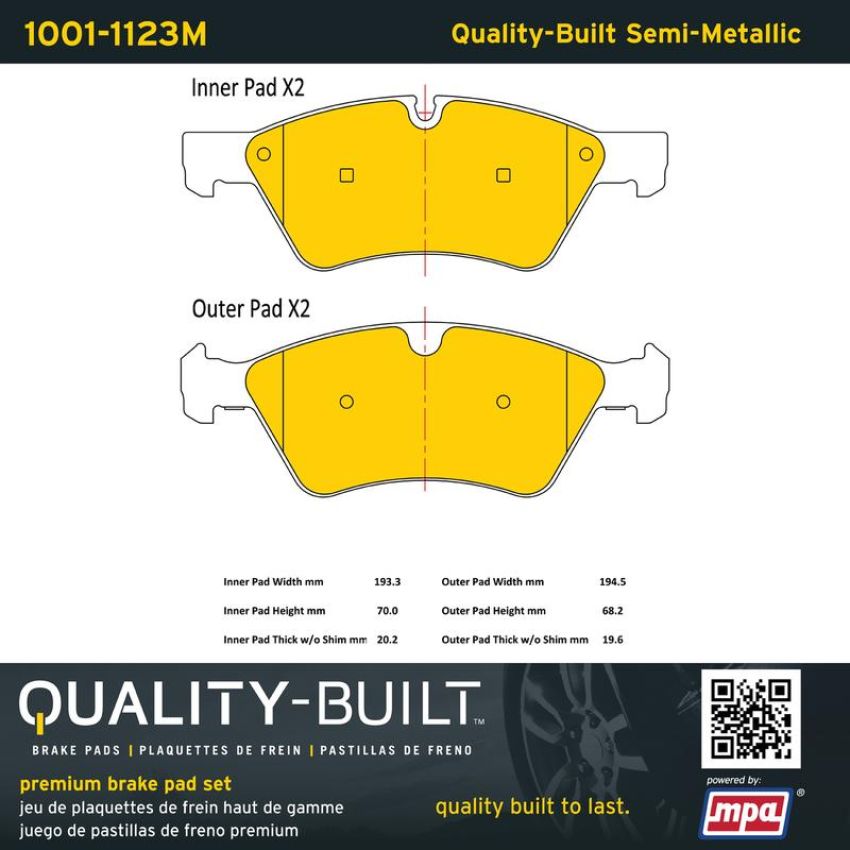 MPA 1001-1123M Quality-Built Premium Semi-Metallic Brake Pads w/ Hardware